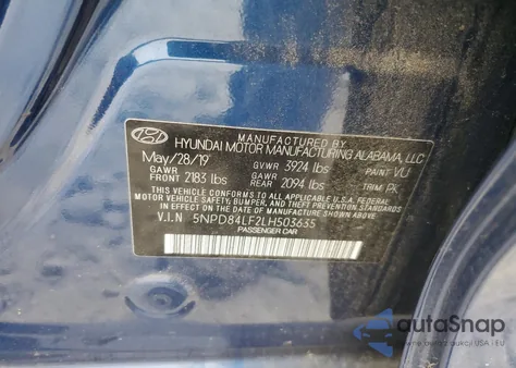 2020 Hyundai Elantra Sel из США, поврежденный, VIN 5NPD84LF2LH503635